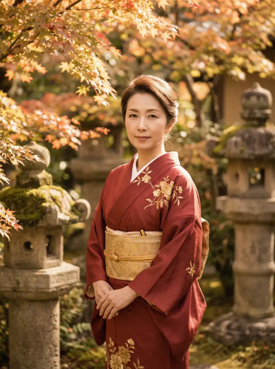一位身穿暗红色和服的优雅 WRITE AS 夹东西出门 在日式庭院中