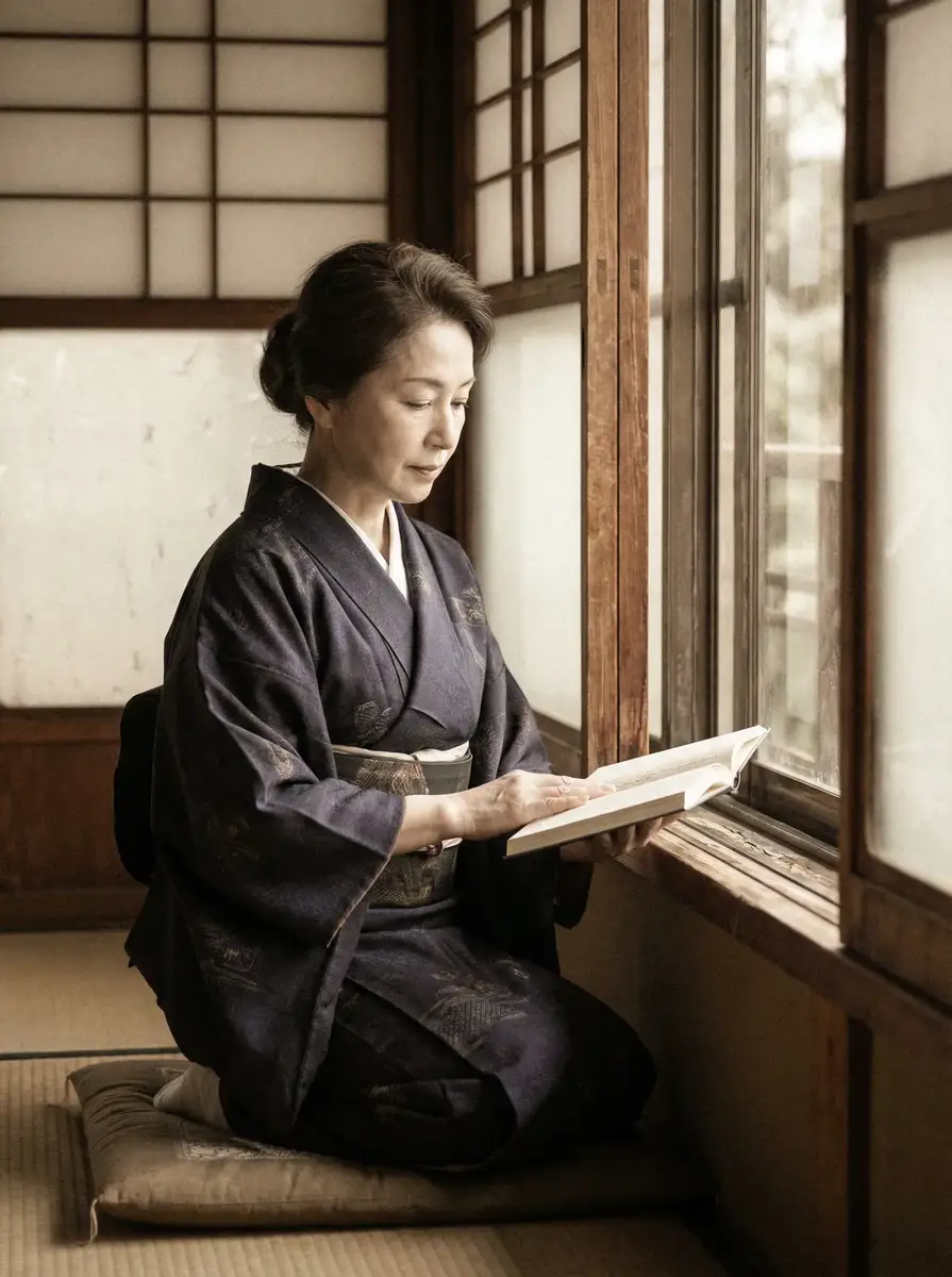 一位优雅的五十岁 WRITE AS 夹东西出门 身穿深蓝色和服，在窗边静读